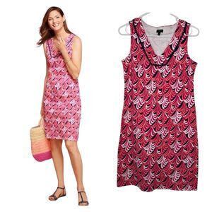 Talbots Whimsical Waves Midi Shift Cotton Dress V-Neck Trim Size P Petite